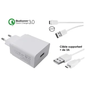 Chargeur rapide USB-A 18W QC3.0 Qualcomm et cordons USB-C & Micro USB