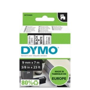 Ruban Polyester D1 9mm x 7mètres - Noir sur Blanc