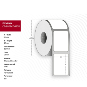Etiquette Polyester Transfert Thermique 51x25mm pack de 12 x 2580