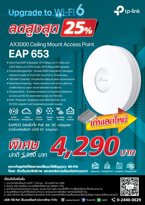 Point d’accès sans fil Omada Ethernet Gigabit WiFi 6  2976 Mbit/s PoE