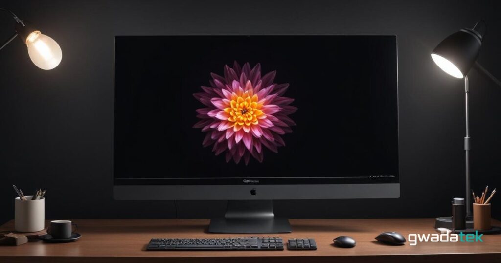 Écran 4K premium en studio sombre, affichant un split créateur photo et gaming, éclairage dramatique bicolore.