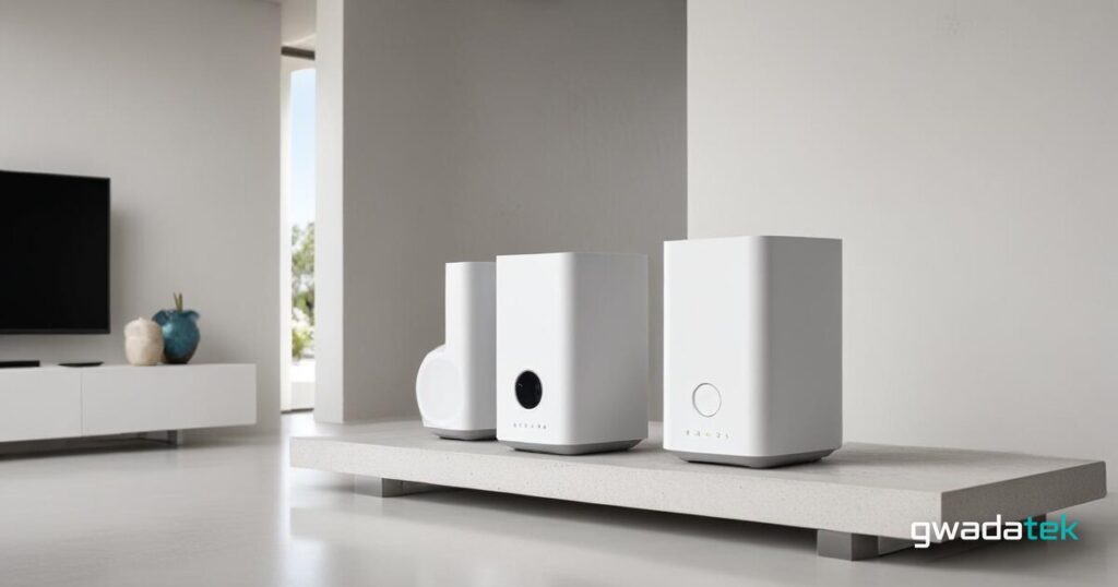 Système WiFi mesh en situation dans une maison guadeloupéenne, couverture intérieur-extérieur sous lumière tropicale