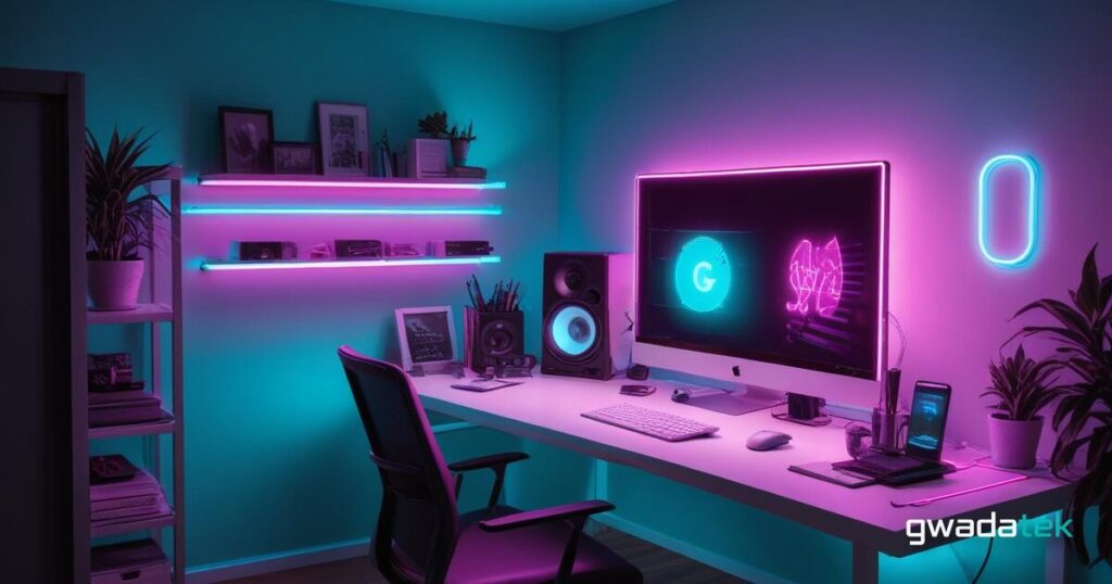 Bureau de mini-studio vidéo indépendant avec webcam sur trépied, éclairage néon cyan et magenta, ambiance pop colorée