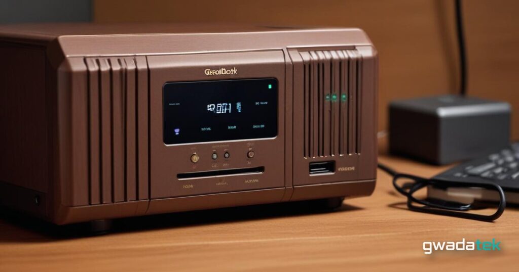 Onduleur intelligent posé sur un bureau en bois dans un coin bureau cosy, éclairé à la lumière chaude du soir