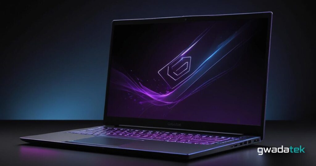 PC portable gamer haut de gamme 16 pouces ouvert sur fond studio sombre avec éclairage RGB coloré et reflets dorés