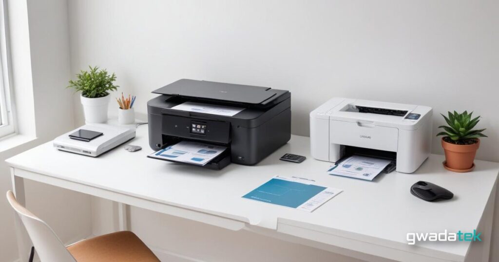 Comparatif imprimante jet d'encre vs imprimante laser sur un bureau minimaliste blanc en pleine lumière naturelle