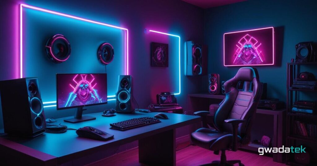 Casque audio sans fil Quantum 360P avec micro amovible sur un bureau gaming éclairé aux néons cyan et magenta